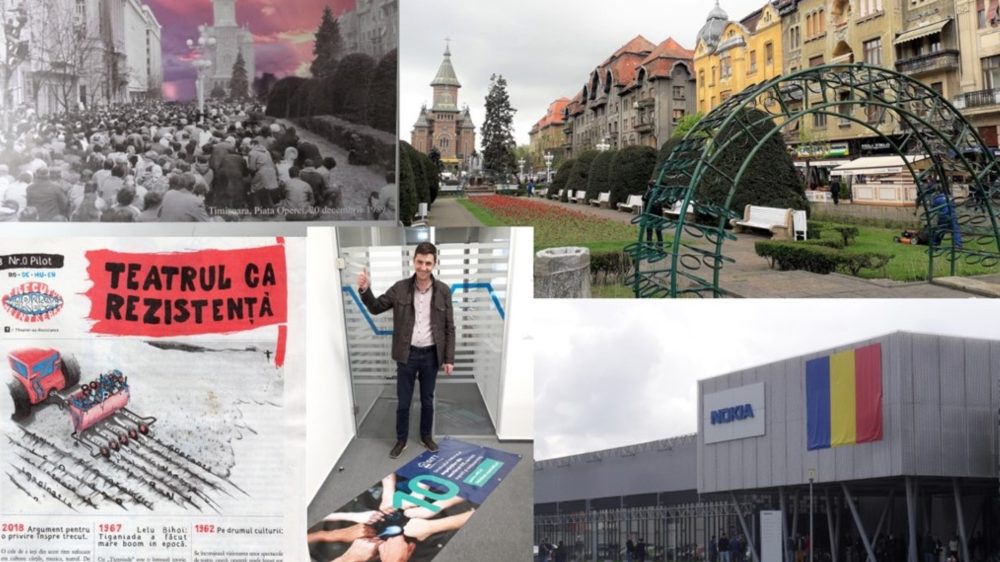 collage fra Timisoara i Rumænien - tatercafe, oprøret på pladsen og fagforeningen som organiserer de nye IT arbejdere